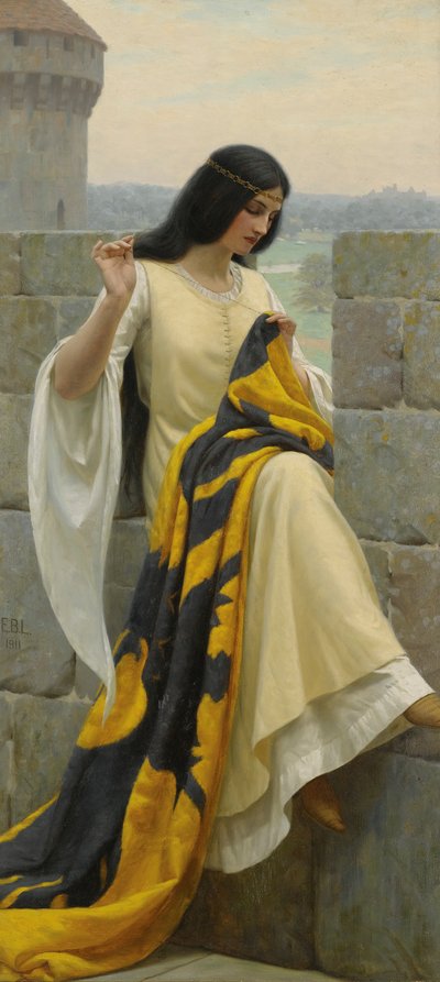 Cosiendo el estandarte de Edmund Leighton